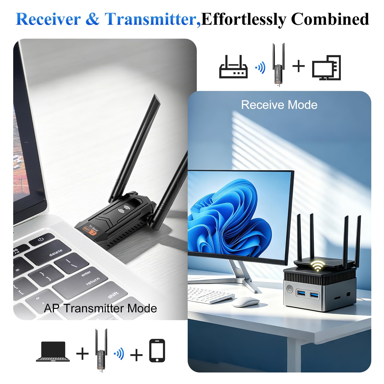 Llave WiFi 7 potente BE6500 llave inalámbrica adaptador USB 3.0