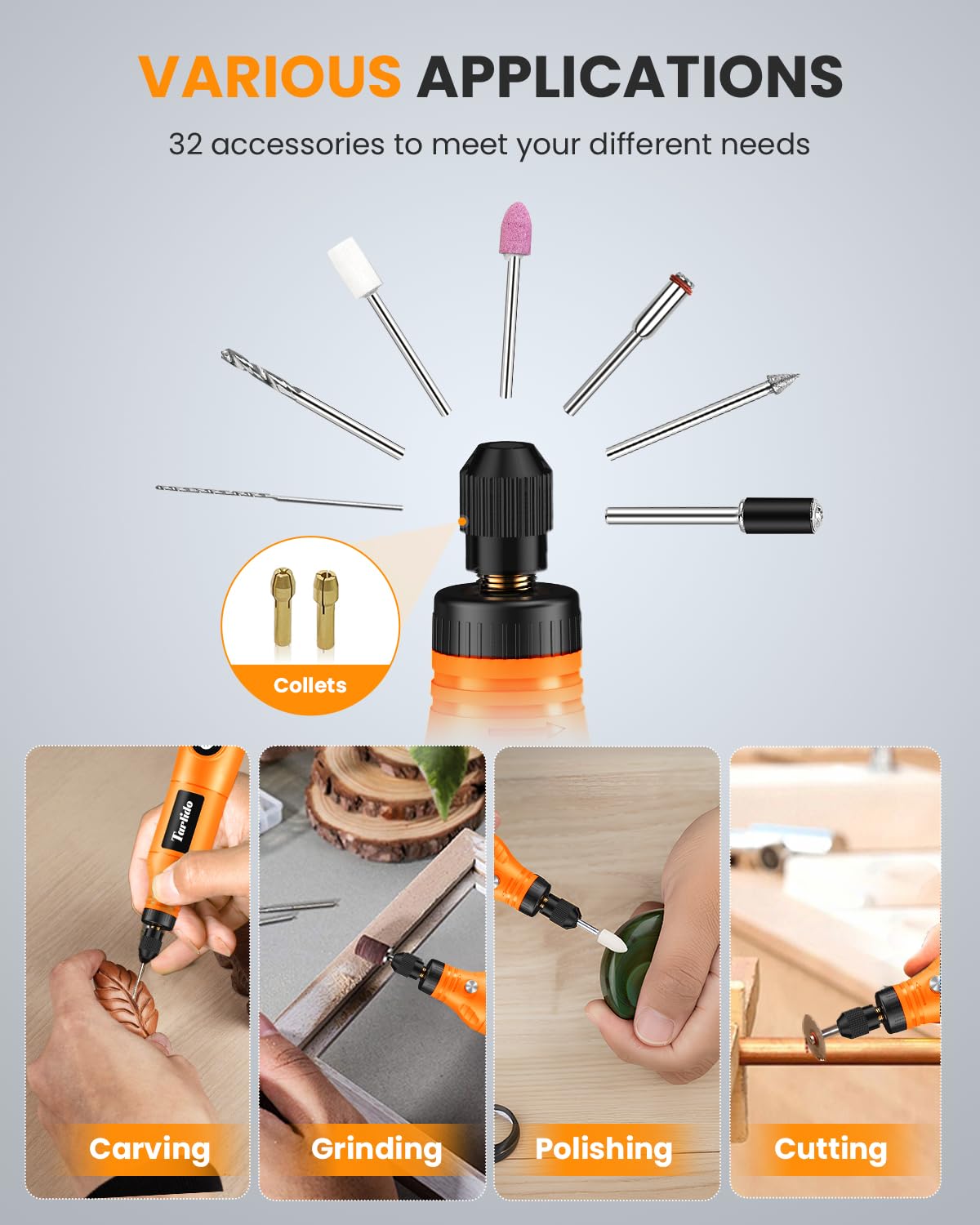 Tarlido Mini kit di utensili rotanti senza fili, 5 velocità e ricarica USB con 61 accessori, strumento rotante multiuso da 3,7 V per levigatura, lucidatura, foratura, incisione, incisione, artigianato