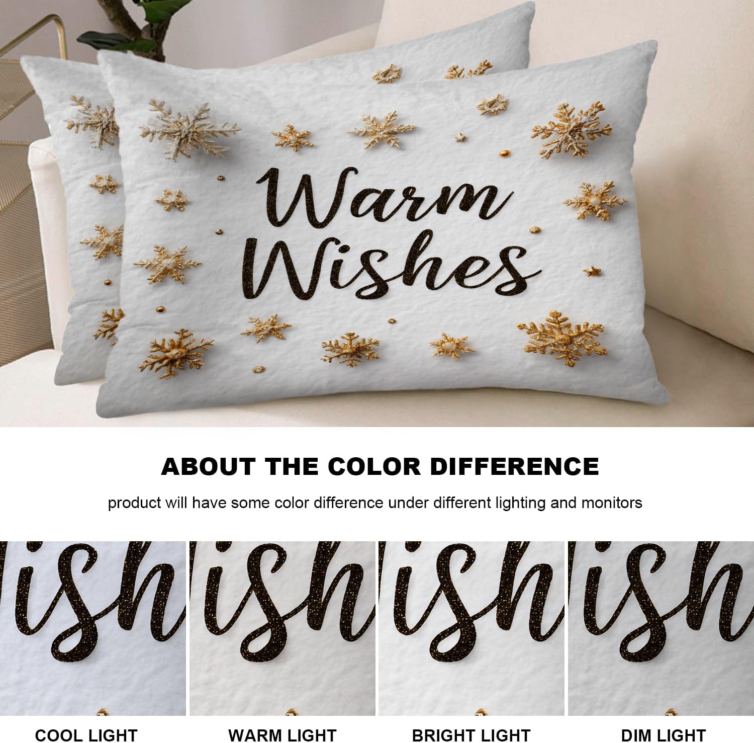 Shrahala Warm Wishes Minimalist Pillowcases, Snow White Gold Snowflakes Lumbar Pillow Cover Decorative Blended Double-Sided No Inserts for Bedroom Sofa Living Room Set of 2 (26 x 20 in)