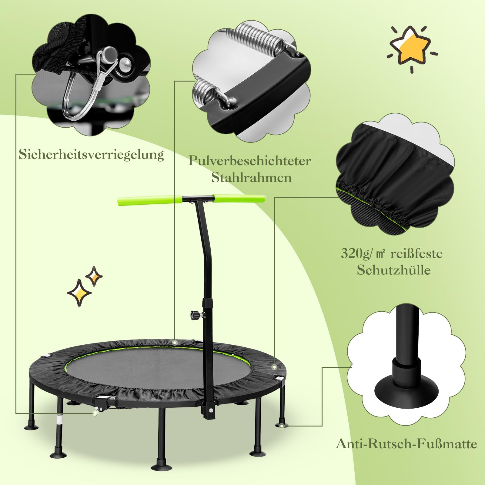 COSTWAY φ117cm Mini Trampolin faltbar, Fitness Trampolin mit höhenverstellbarem Griff, Kindertrampolin Gartentrampolin Indoor- und Outdoor für Erwachsene und Kinder, 100 kg Belastbar