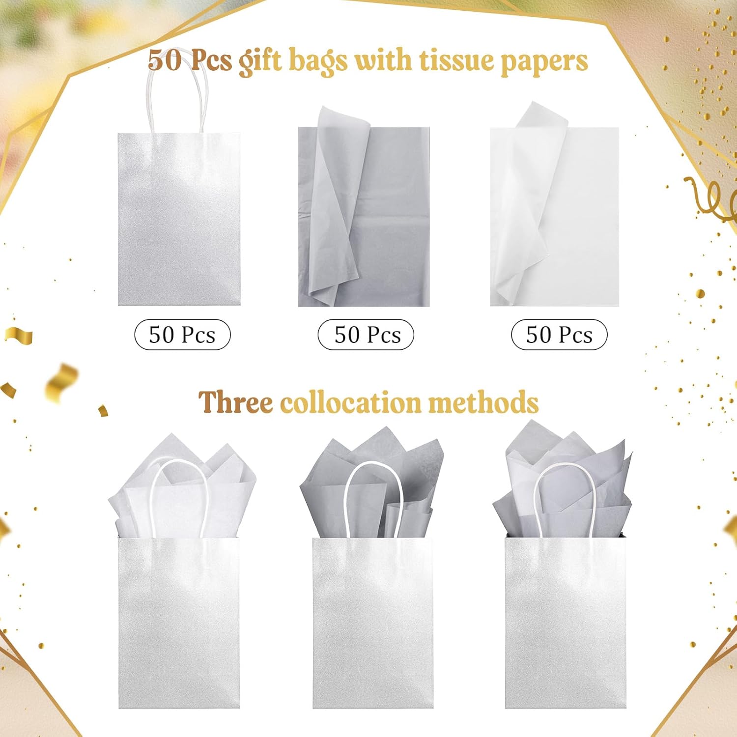 Colarr 50 Pcs 8.2 x 5.9'' Glitter Kraft Paper Favor Bag with 100 Tissue Wrapping Paper Bulk, Xmas Wrap Bags Gift with Handle for Christmas Wedding Bridal Baby Shower Birthday(Silver)