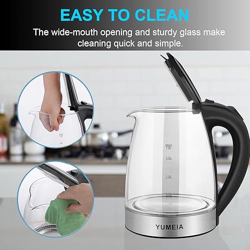 Miniatura 5 de Hervidor eléctrico de vidrio, tetera con luz LED, 1200 W, 1.8 L, caldera de agua portátil inalámbrica, tetera de té con apagado automático y