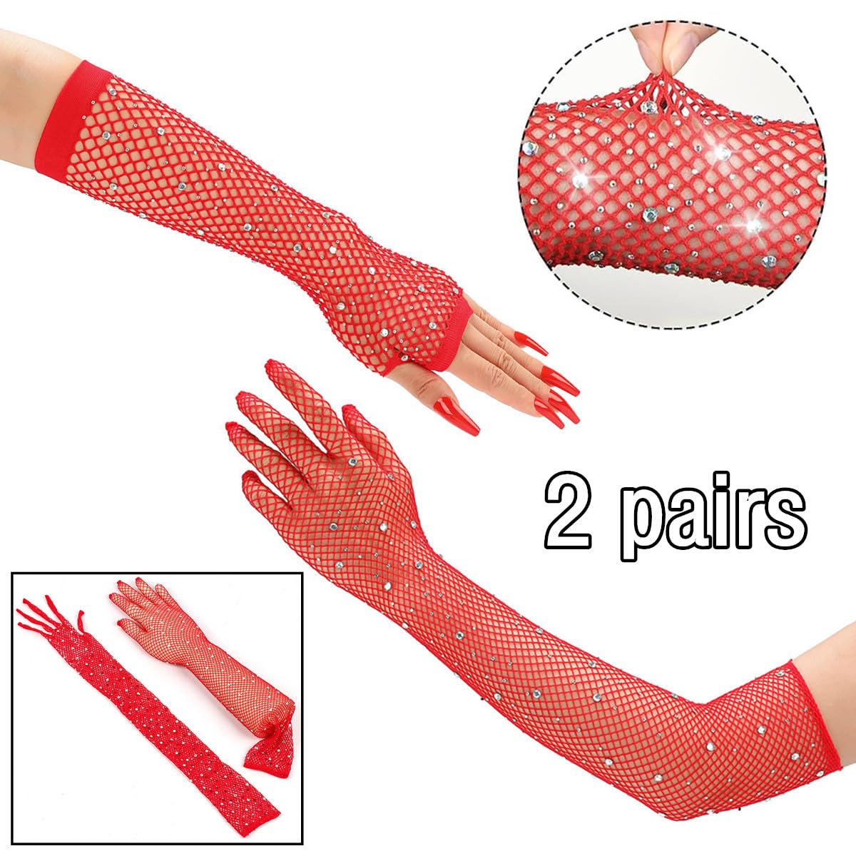 TouKingda Women's Sparkly Mesh Fingerless & Long Fish Net Gloves, 2 works - Red, AS - Image 4