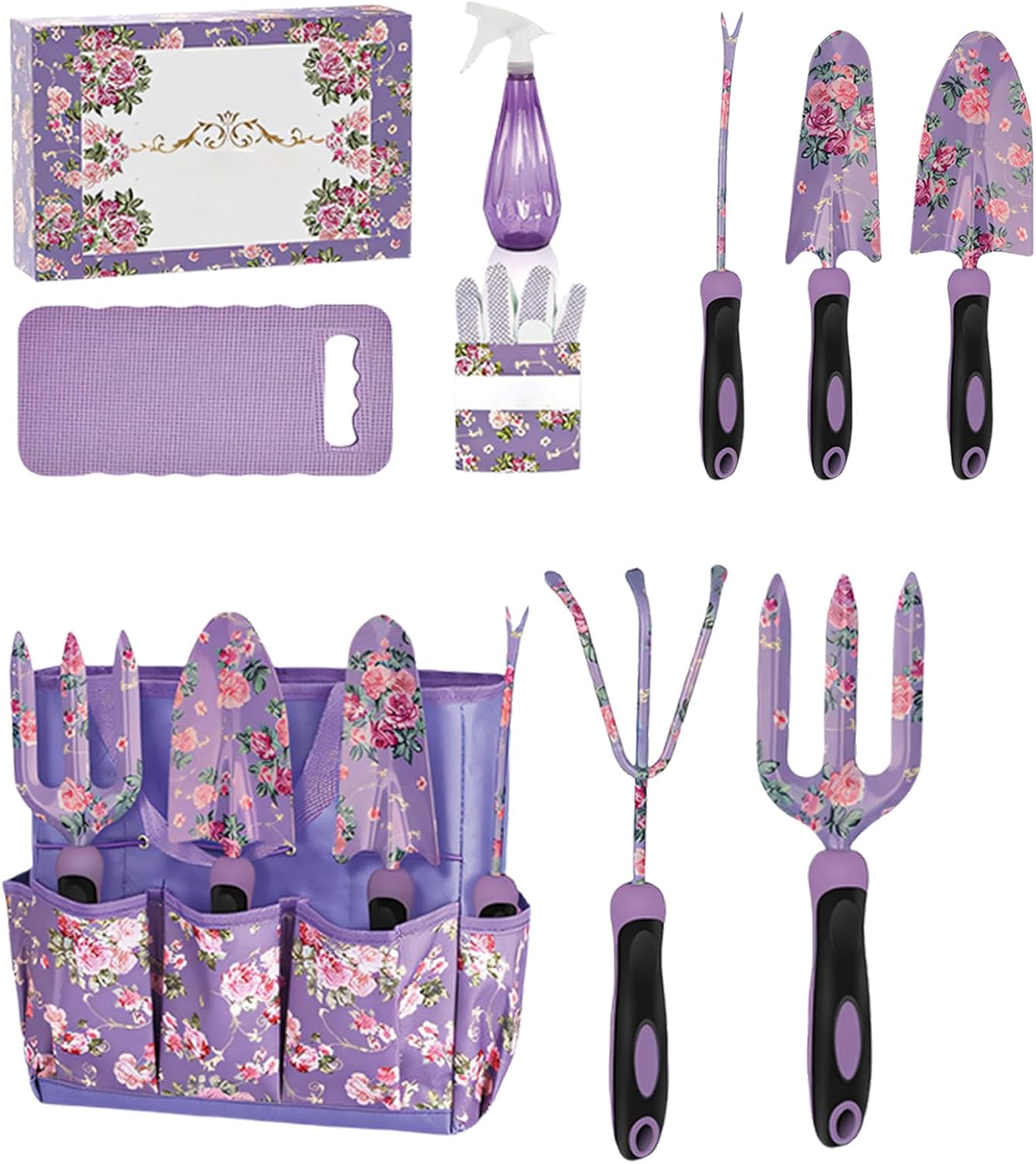 Complete 10 Piece Garden Tool Set in Floral Design with Strong Oxford Storage Bag Perfect for Landscaping Tool Set