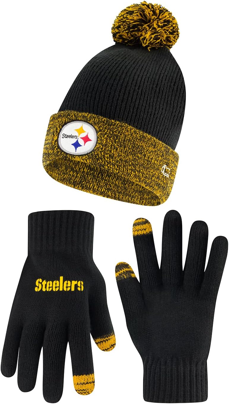 Ultra Game NFL Unisex Kids Super Soft Two Tone Winter Beanie Knit Hat with Extra Warm Touch Screen Gloves