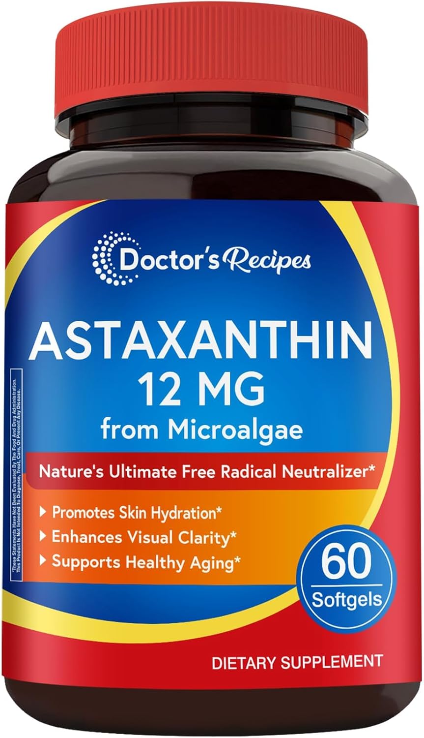 Doctor's Recipes Astaxanthin 12 mg, from Fresh Premium Microalgae, Max Strength, No Gluten, Non-GMO, Supports Skin, Eye, Bone & Immune System Health, 60 Softgels