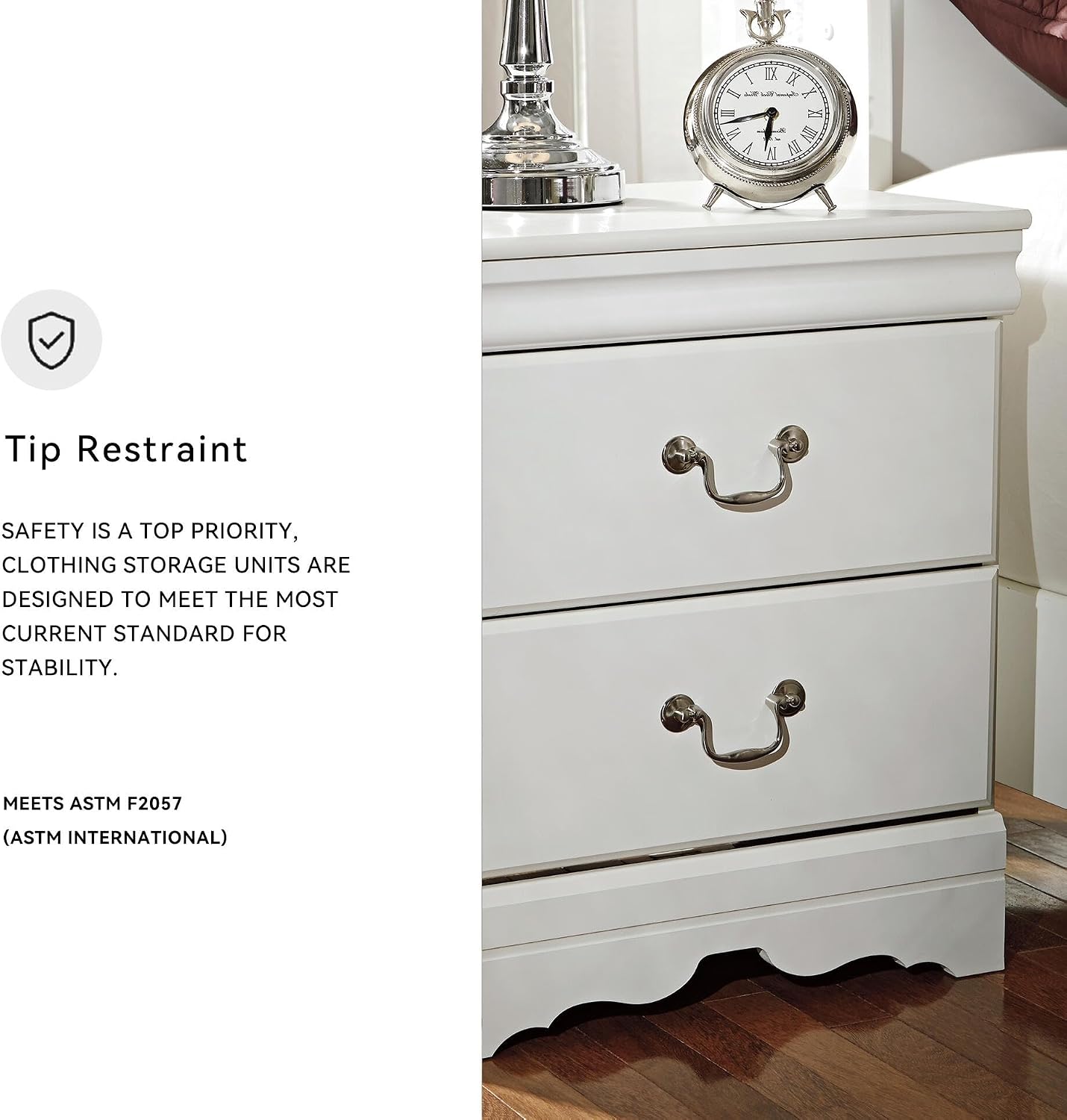 Signature Design by Ashley Anarasia White 2-Drawer Nightstand Bedside Table | Durable engineered wood, Classic Louis Philippe styling, Aged pewter-tone hardware, Space-saving organization