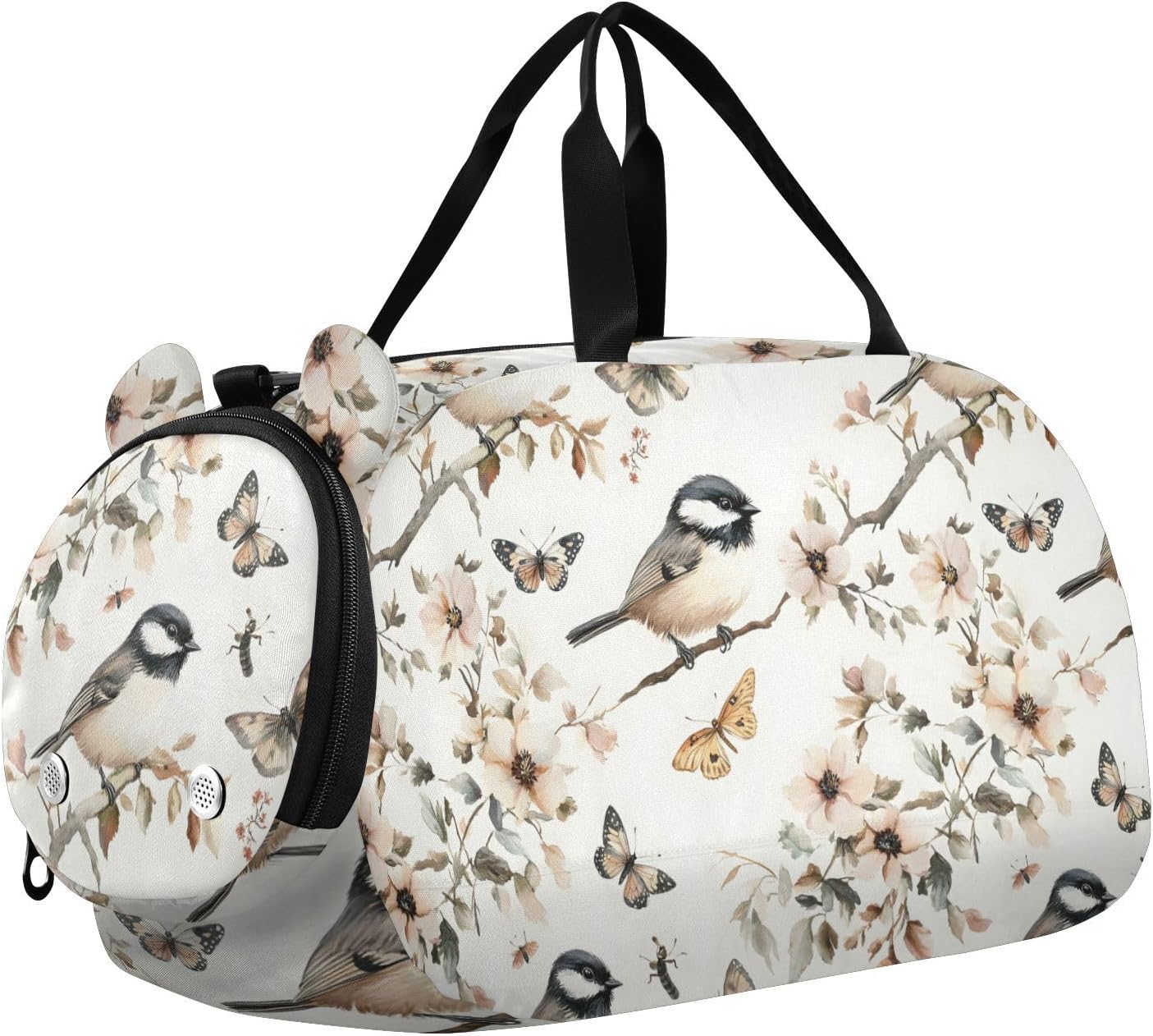 Aesthetic Black - Capped Chickadee Birds Kids Duffel Bag with Shoes Compartment Lightweight Overnight Travel Weekender Tote for Travel, Sports, Duffel, Weekender