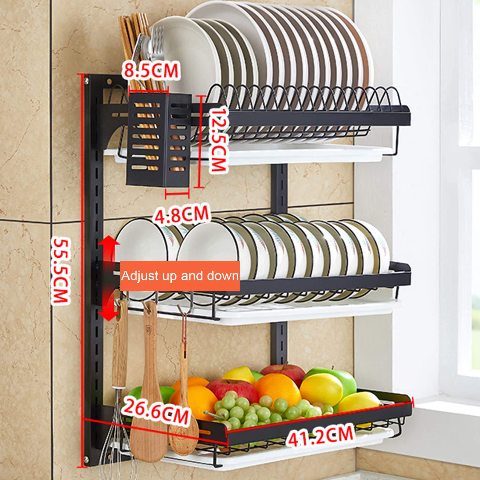 Escurridor de Platos de Cocina montado en la Pared, Soporte para Cuencos, escurridor de Platos de Acero Inoxidable, Soporte para Cubiertos con Ganchos
