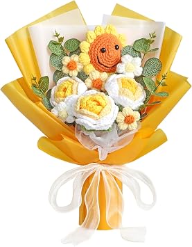 Yellow Crochet Flower Bouquet for Mom Artificial Sunflower Finished Handmade Knitted Bouquet Preserved Flowers Fake Rose Crochet Kits Gift for Birthday Anniversary Graduation