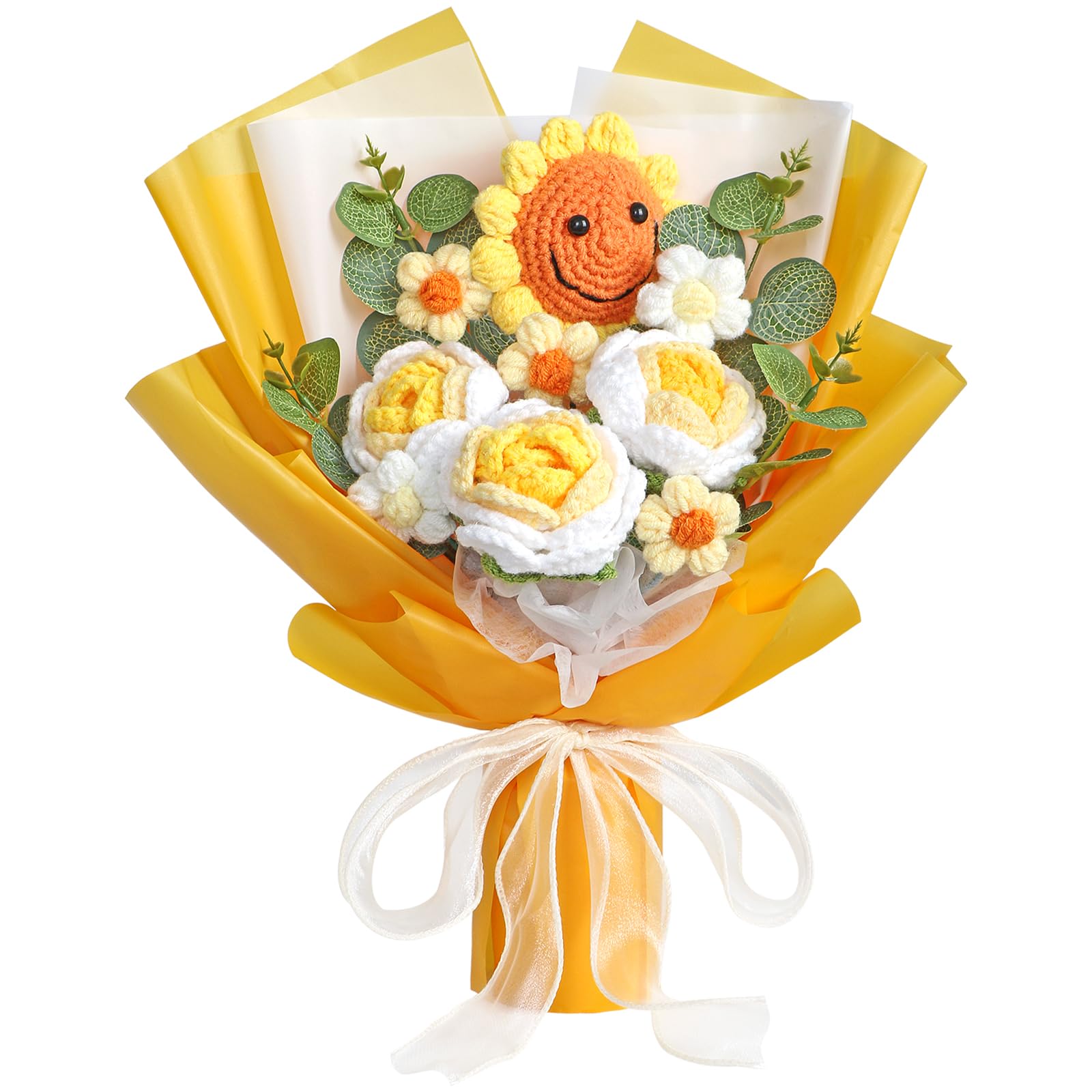 UXORSN Handmade Crochet Flower Bouquet Artificial Smile Sunflower Roses Knitted Flowers Hand Woven Fake Floral Arrangement for Mother’s Day Birthday Graduation Wedding Home Decor