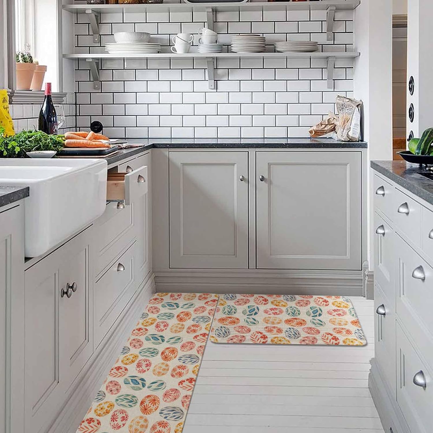 Easter Kitchen Rugs and Mats Set of 2, Non-Slip Kitchen Sink Mat, Country Spring Watercolor Leaves Floral Eggs Washable Doormat Bathroom Rugs Runner for Bedroom/Living Room 15.7"x23.6"+15.7"x47.2"