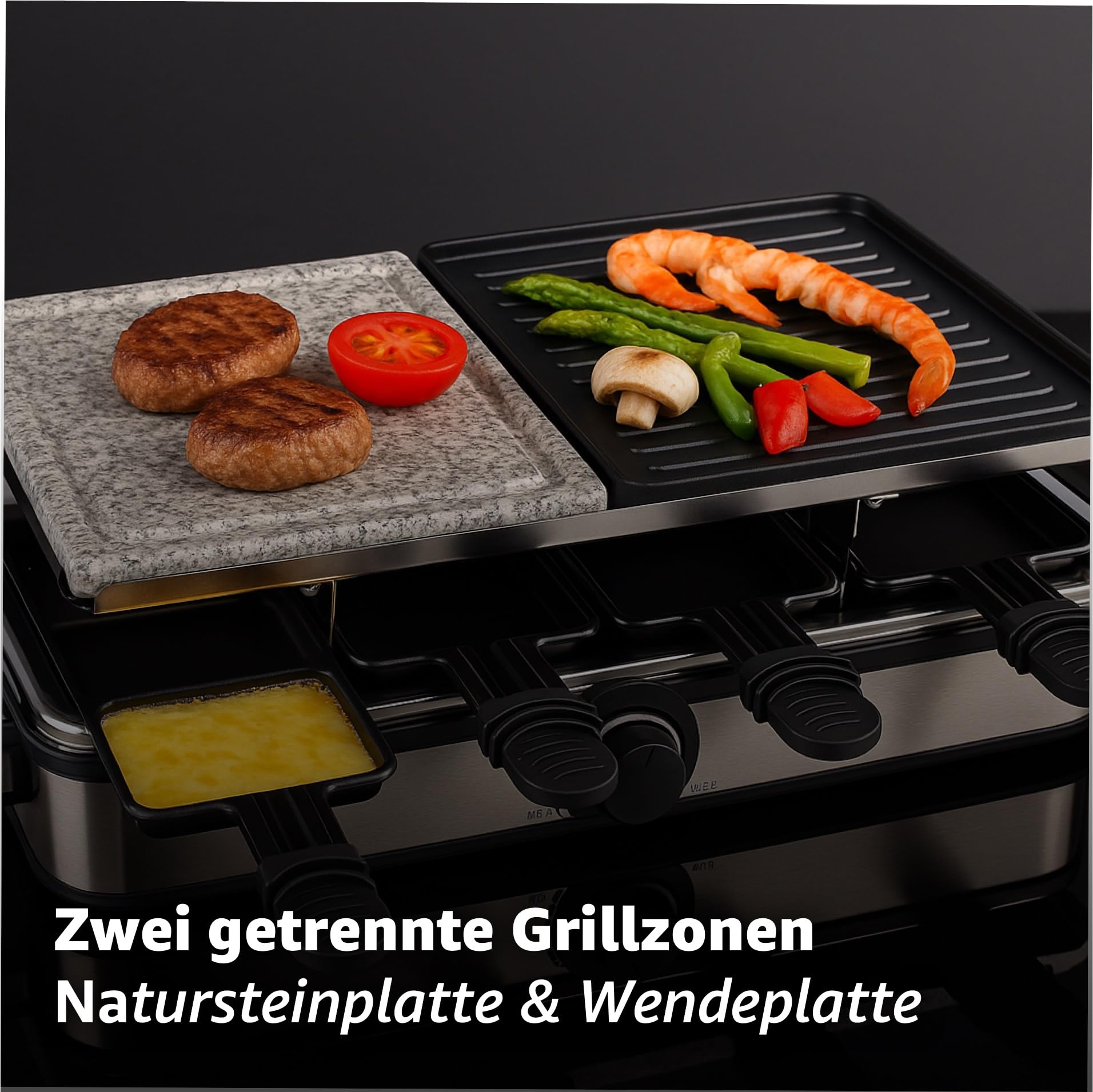 8 Personen Raclette Set - Tischgrill inkl. Pfännchen & Schaber - Grillplatte & Steinplatte antihaftbeschichtet (Eckig)