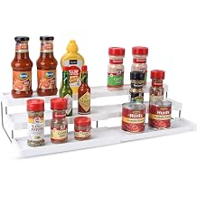 OMAIA 3-Tier Spice Rack Organizer - Expandable 3-Tier Condiment & Spice Organizer for Cabinets, Pantry, Kitchen Countertops - Durable Metal Frame Adjustable Length - White
