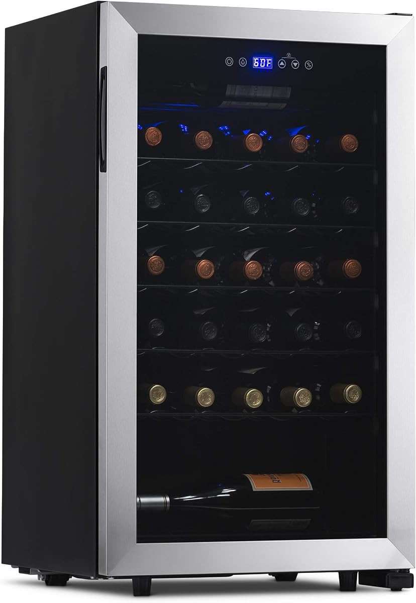33 Bottle Wine Fridge, Freestanding or Built-In Refrigerator, Stainless Steel Cooler, UV Protected Glass Door with Recessed Handle, Digital Thermostat
