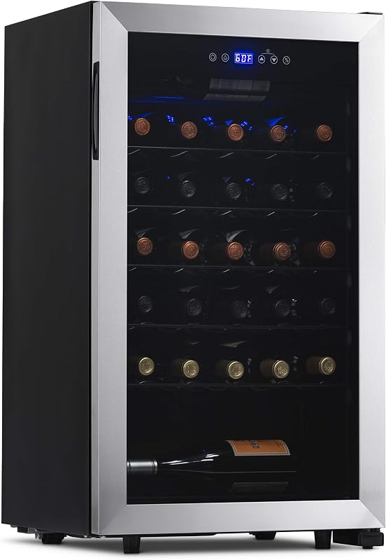 33 Bottle Wine Fridge, Freestanding or Built-In Refrigerator, Stainless Steel Cooler, UV Protected Glass Door with Recessed Handle, Digital Thermostat