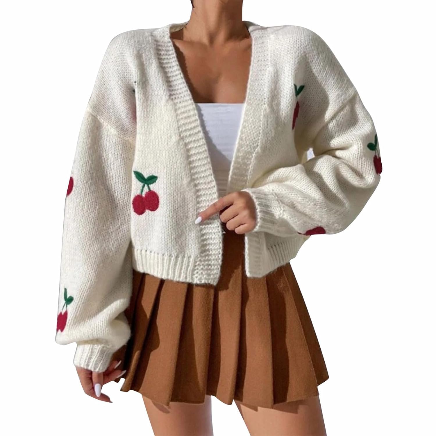 HGps8w Womens Embroidered Cherry Cardigan Open Front Knitted Sweater Coat Loose Long Sleeve Fall Winter Cropped Outerwear