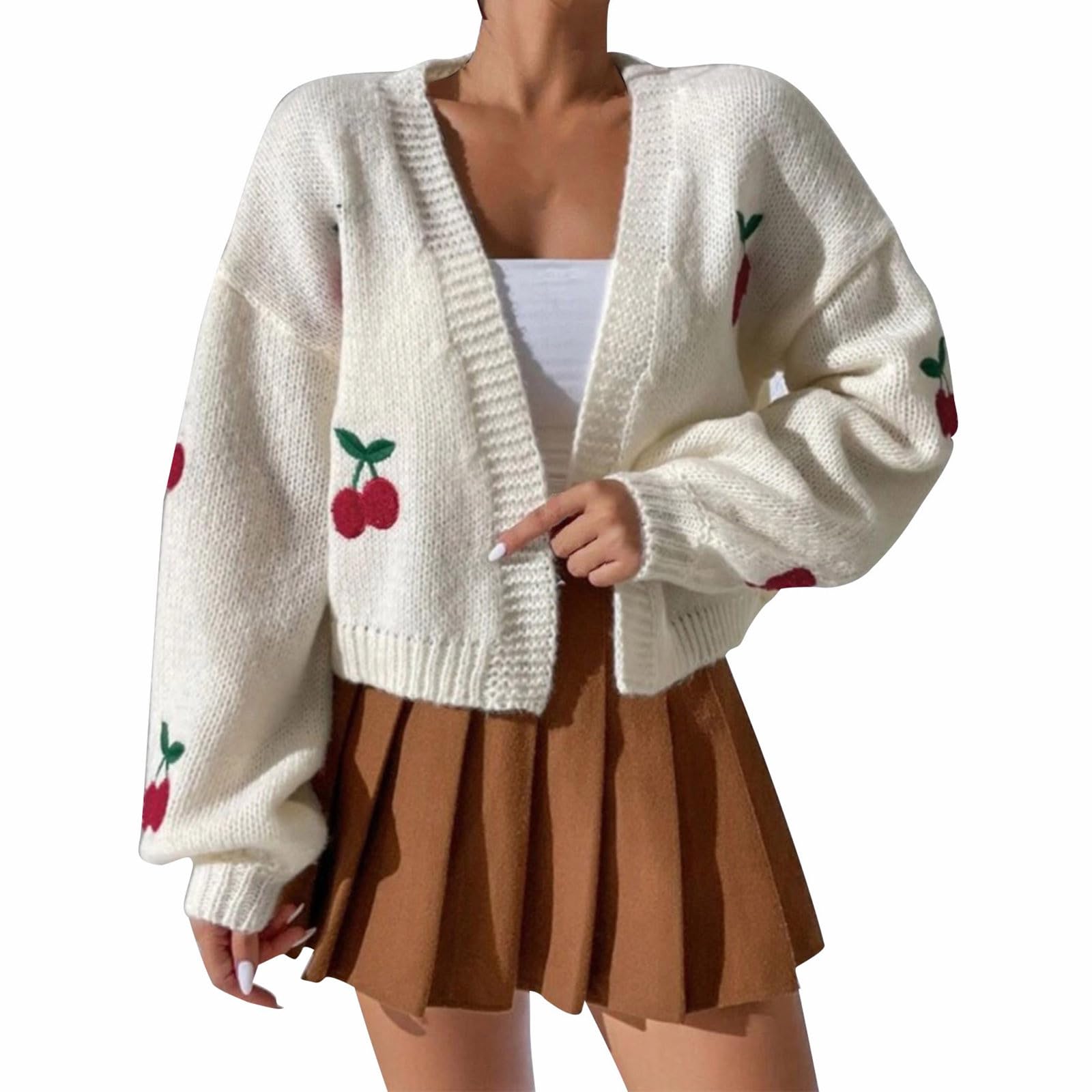 HGps8w Womens Embroidered Cherry Cardigan Open Front Knitted Sweater Coat Loose Long Sleeve Fall Winter Cropped Outerwear