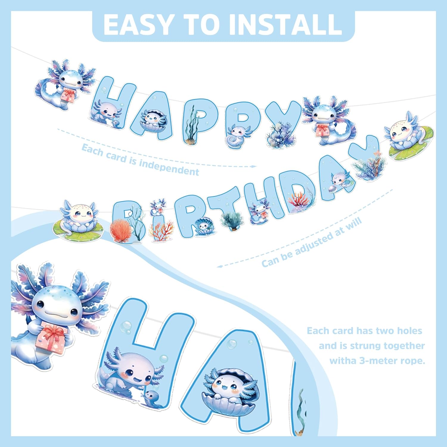 Blue Axolotl Birthday Decorations - 27 Pcs Pre-strung Banner Garland Honeycomb Table Centerpieces Balloons Cake Toppers Decor Set Cute Cartoon Reptile Fans Party Supplies for Kids Boys