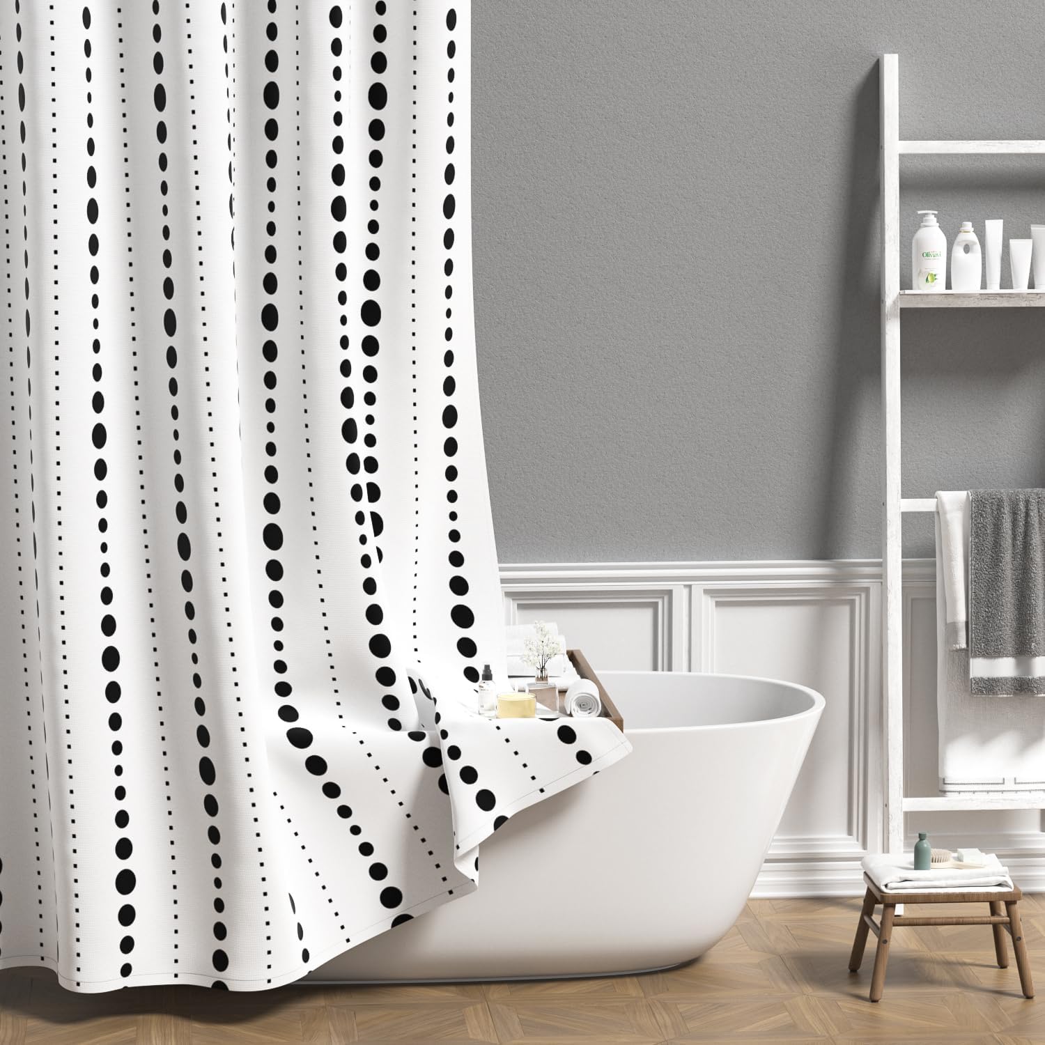 AOFOTO Black and White Dotted Stripe Shower Curtain for Bathroom, Geometric Polka Dot Design Vertical Lines Bath Curtains Small Cute Waterproof Polyester Fabric Bathtub Decor with Hooks 72x78 Inch