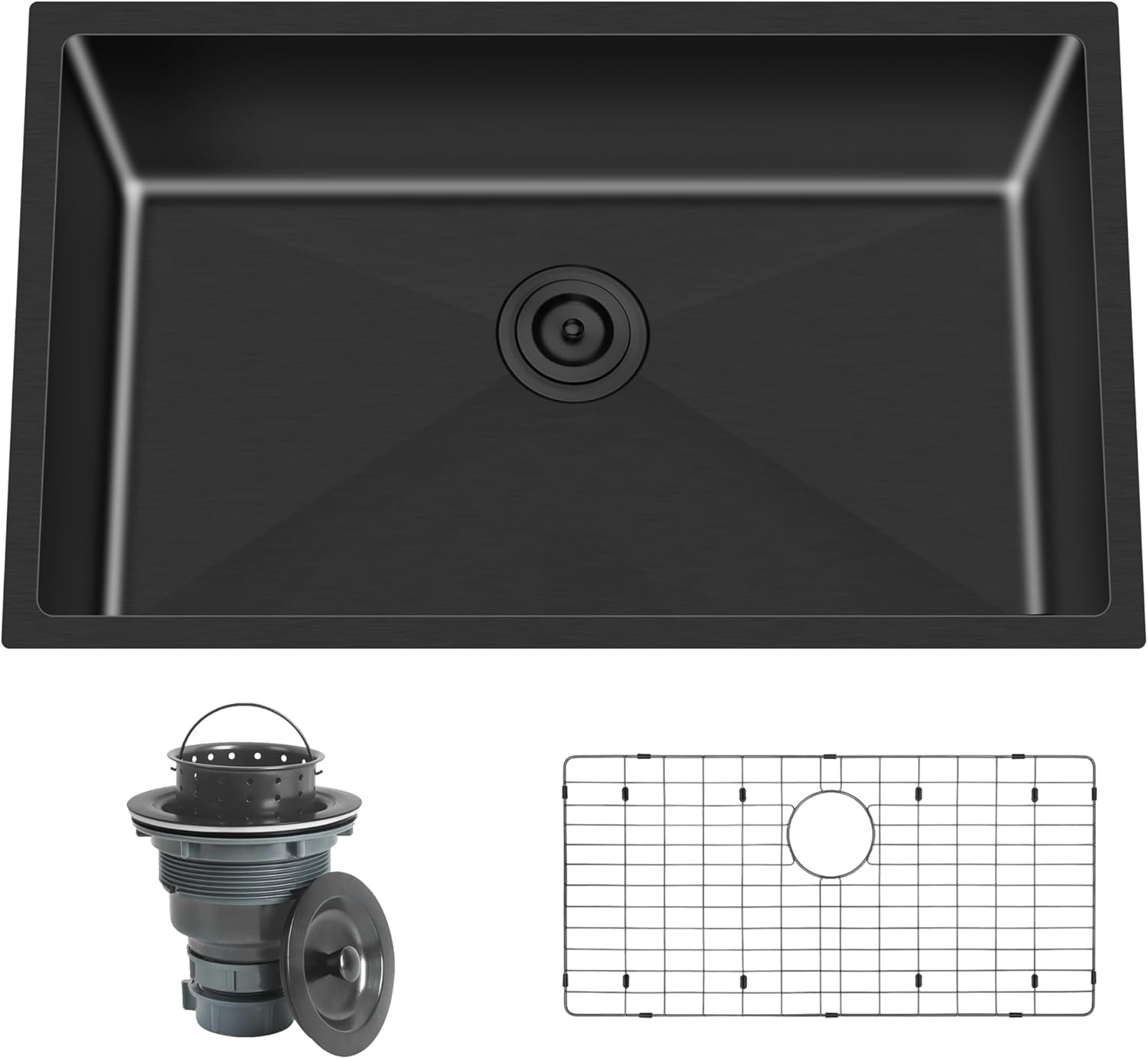 27 Inch Black Undermount Kitchen Sink 16 Gauge Stainless Steel Gunmetal Black Handmade Single Bowl Sinks with Strainer & Grid 27" x 18" x 9"