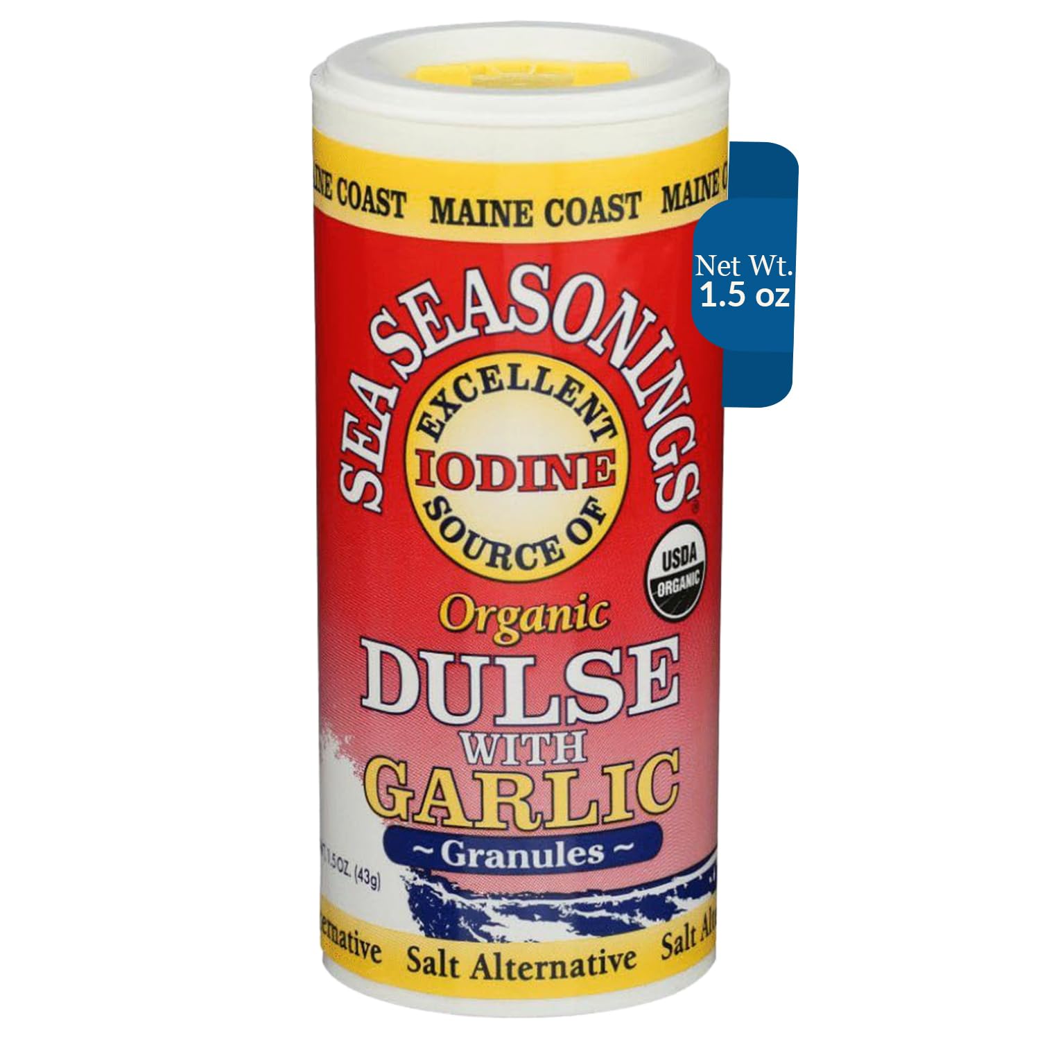 Maine Coast Sea Vegetables Organic Dulse Granules With Garlic Shaker | Seaweed Seasoning | Rich in Iodine | North Atlantic Harvested | Great for Salads ,Soup & Smoothies | 1.5 oz (Pack of 1)