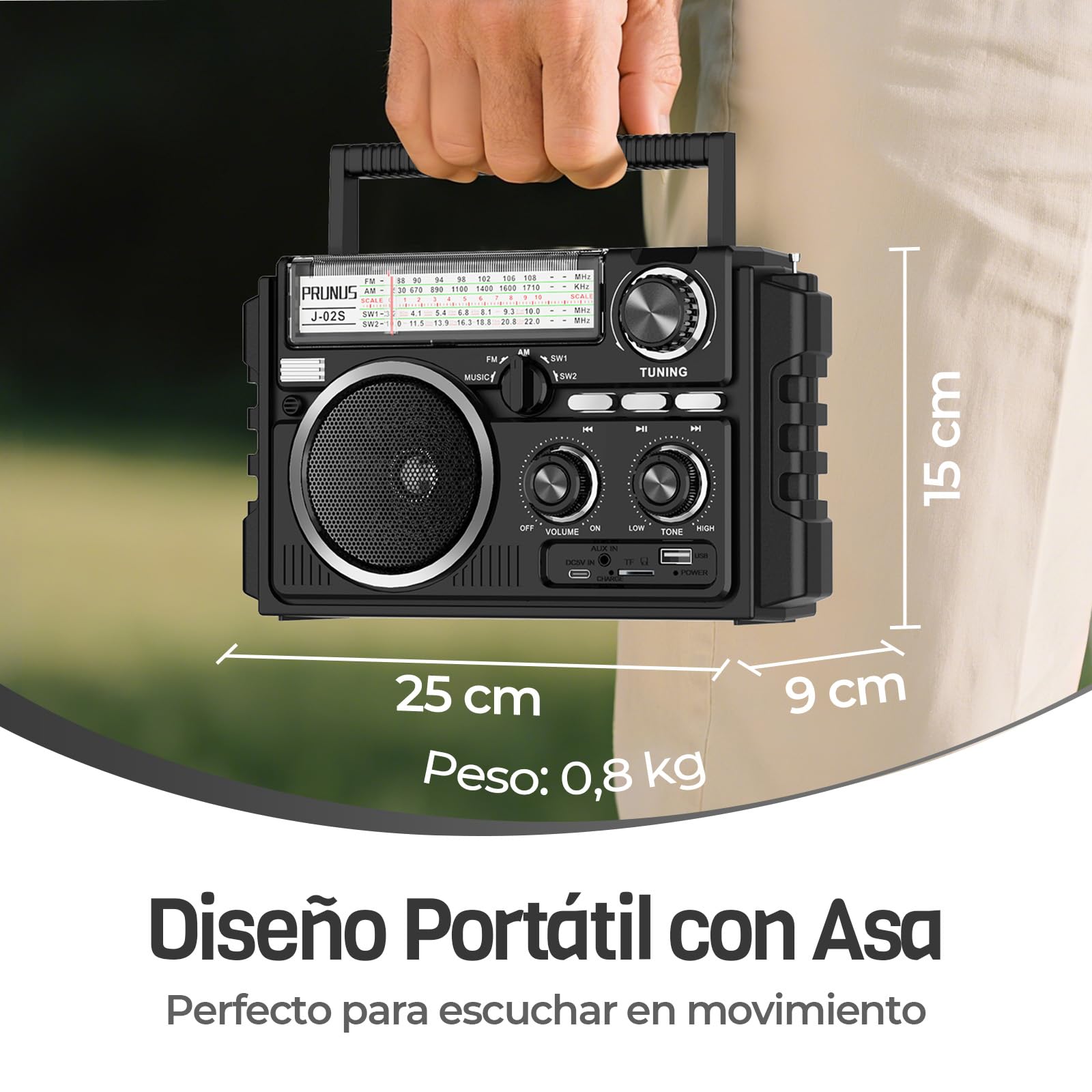 PRUNUS J-02 Radio Portatil Pequeña FM Am SW, Radio Solar y Recargable de 1800mAh, o Funciona con Pilas D, Transistores Radios con Dos Antenas, Reproductor Bluetooth/USB/TF de 5W, Fácil de Usar.