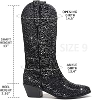 Vista 3 de RKQ Rhinestone Cowboy Boots for Women Wide Calf Sparkle Western Cowgirl Boots Vintage Pointed Toe Pull-UP Tabs Block Stacked Heel 5cm Wedding Party