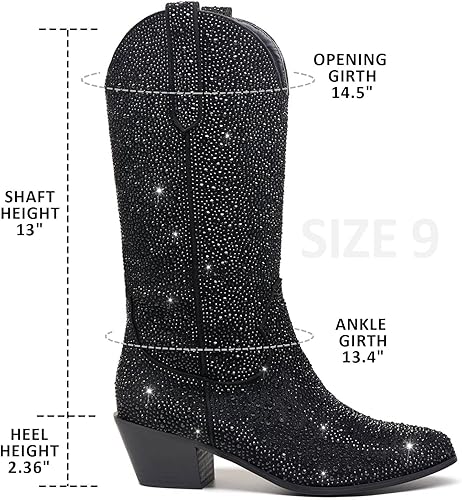 Miniatura 3 de RKQ Rhinestone Cowboy Boots for Women Wide Calf Sparkle Western Cowgirl Boots Vintage Pointed Toe Pull-UP Tabs Block Stacked Heel 5cm Wedding Party