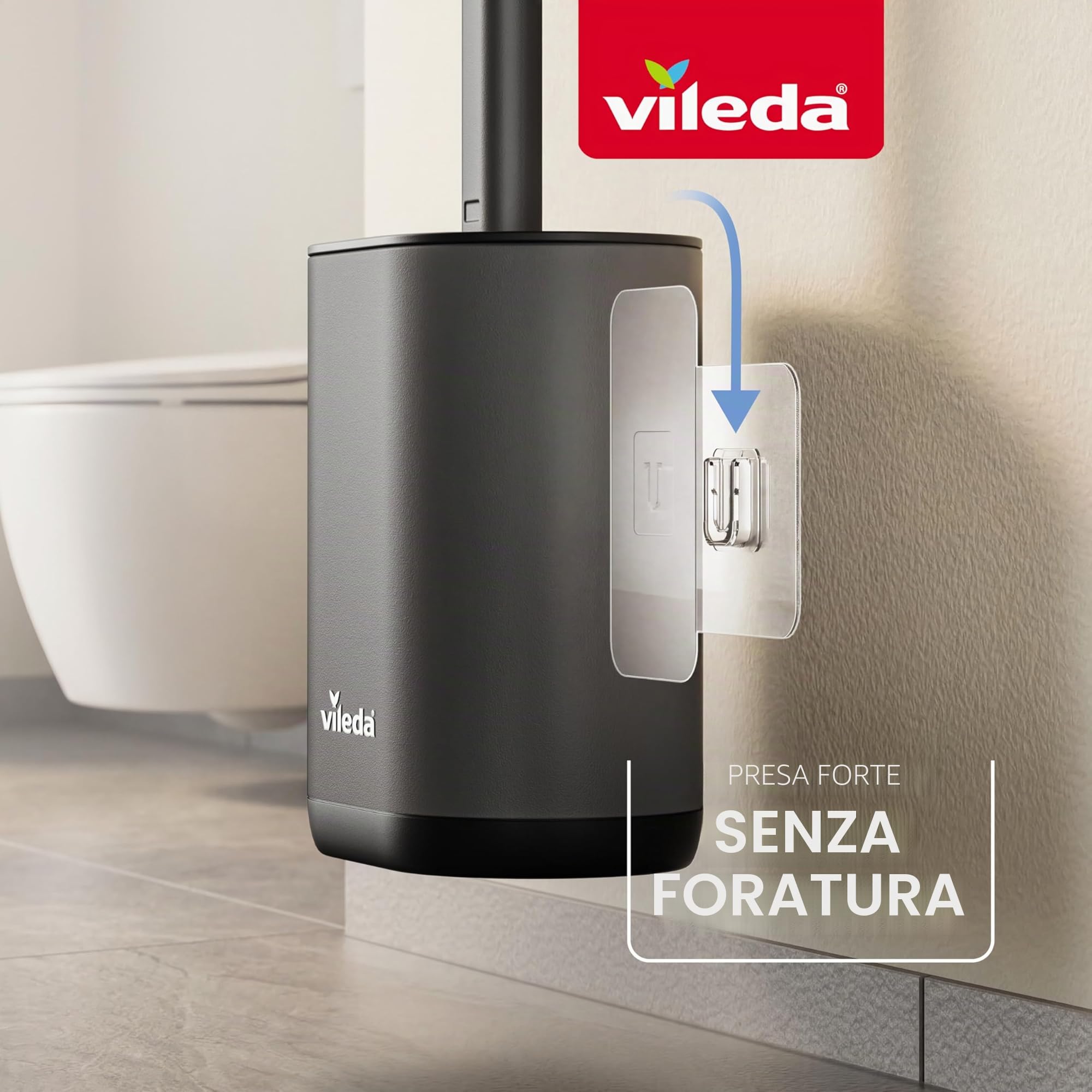 Vileda Scopino WC in Silicone con Supporto da Parete – Spazzola Bagno con Testa Flessibile e Manico in Acciaio Inox – 2 Zone di Pulizia, Asciugatura Rapida, Igienico, Grigio