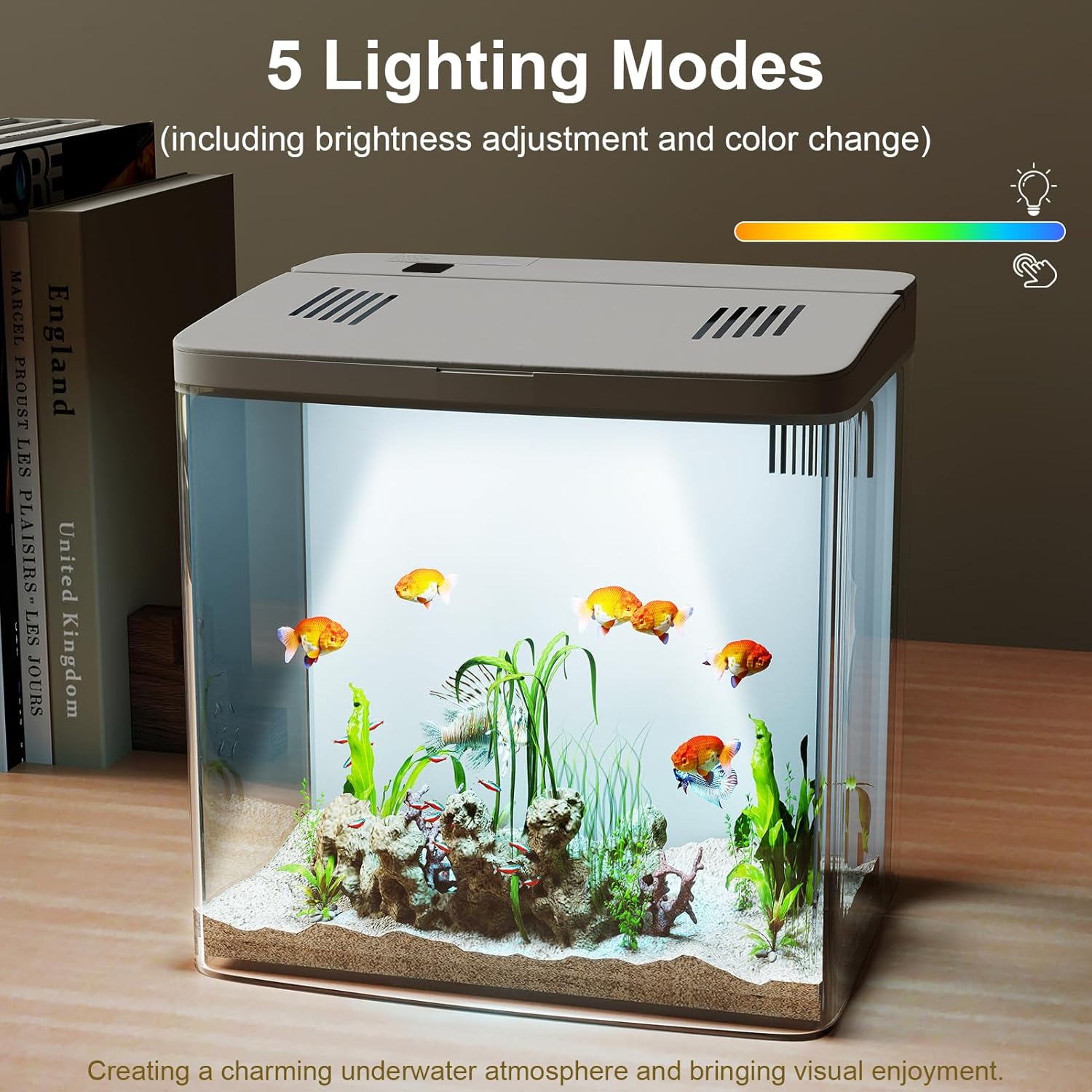 Gugxiom 5L Fish Tank for Betta, Mini Desktop Glass Fish Tank, with Auto Cyclic Filtration and LED Lighting, for Home and Office Desktop (White)