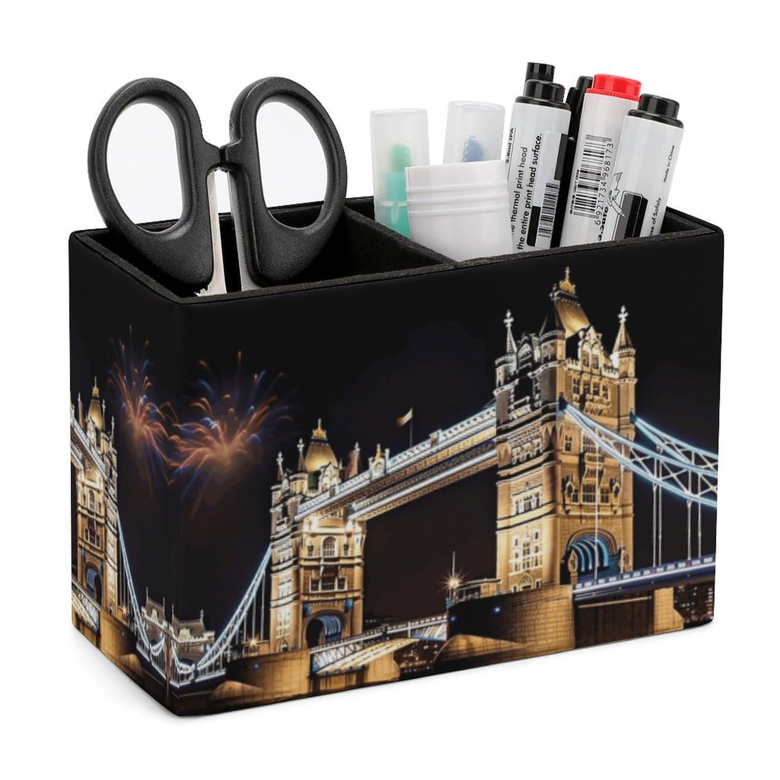LZQPOEAS Exquisite Patterns PU Leather Pen Holder, Multifunctional Desktop Organizer Caddy with 2 Compartments, Night London Tower Bridge Pencil Cup Makeup Brush Holder for Office Home