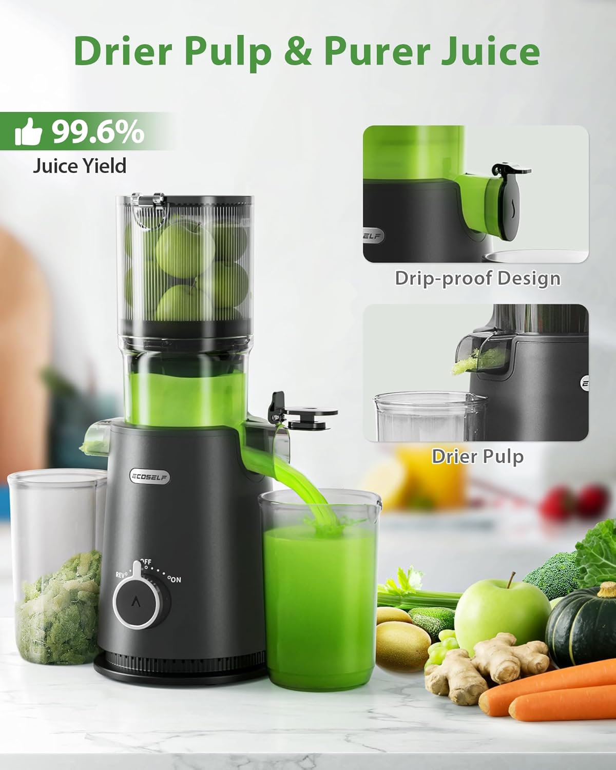 Juicer Machines - Wide Mouth Feed Chute with Self Feeding Hands-Free Design - Cold Press Juicer for Vegetables and Fruits - Juice Extractor Machine High Juice Yield - With Pusher