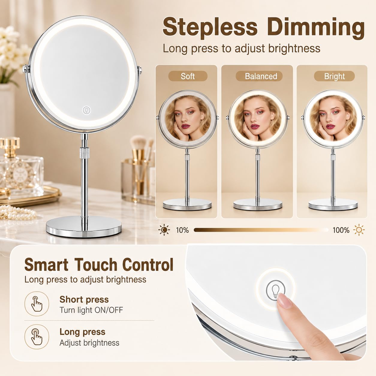 Espejo de Maquillaje Iluminado Ajustable de 9 Pulgadas de Altura con Aumento de 10 aumentos, Espejo de tocador Recargable de 360° de Doble Cara con 3 Modos de Color, Brillo táctil Regulable para baño