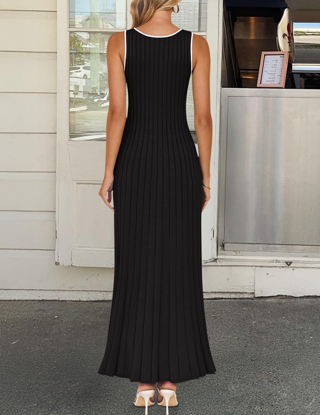 ZESICA Womens 2026 Summer Long Maxi Dress Sleeveless Crew Neck Hollow Out Pleated Ribbed Knit Swing Tank Dresses - Image 4