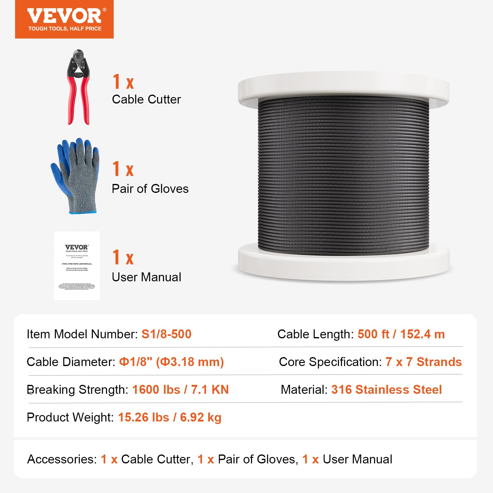 VEVOR Câble Acier Inoxydable, 3,18 mm x 152,4 m, Câble Métallique Inox 316 Tressé 7x7 Qualité Aéronautique Marine avec Coupe-fil, Gants, Résistance de Rupture 7,1 kN, pour Garde-corps, Clôture, Rampe