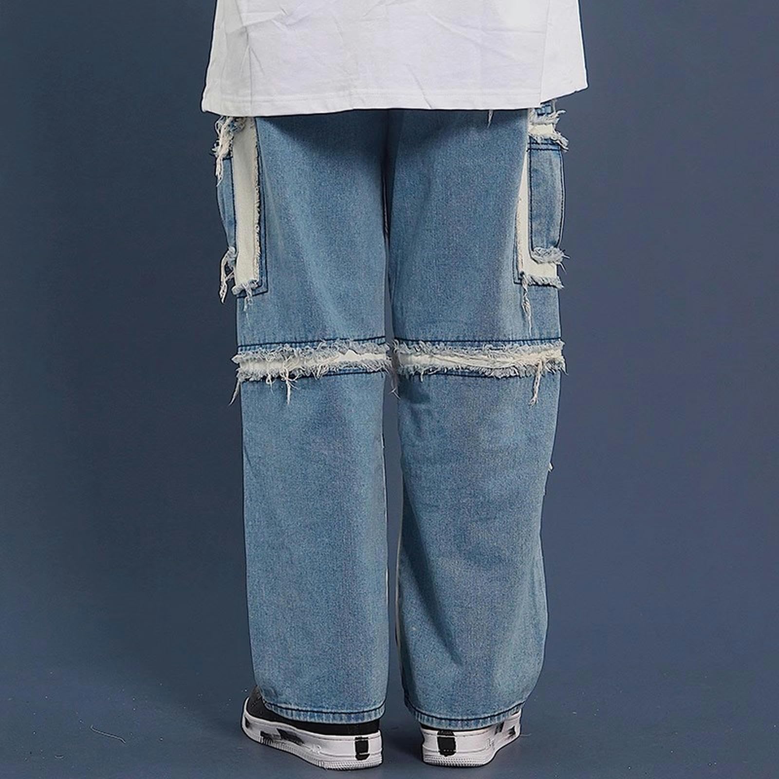 Jeans da Uomo a Gamba Larga, Larghi, con Cuciture strappate - Blu - S