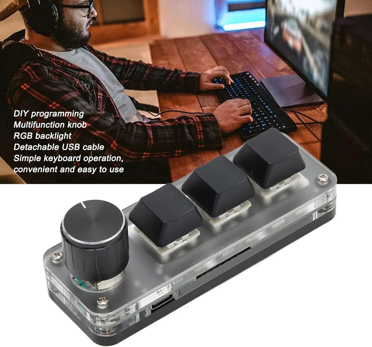 SUNGOOYUE USB 3 Key Keypad with text 'DIY programming, Multifunction knob, RGB backlight'