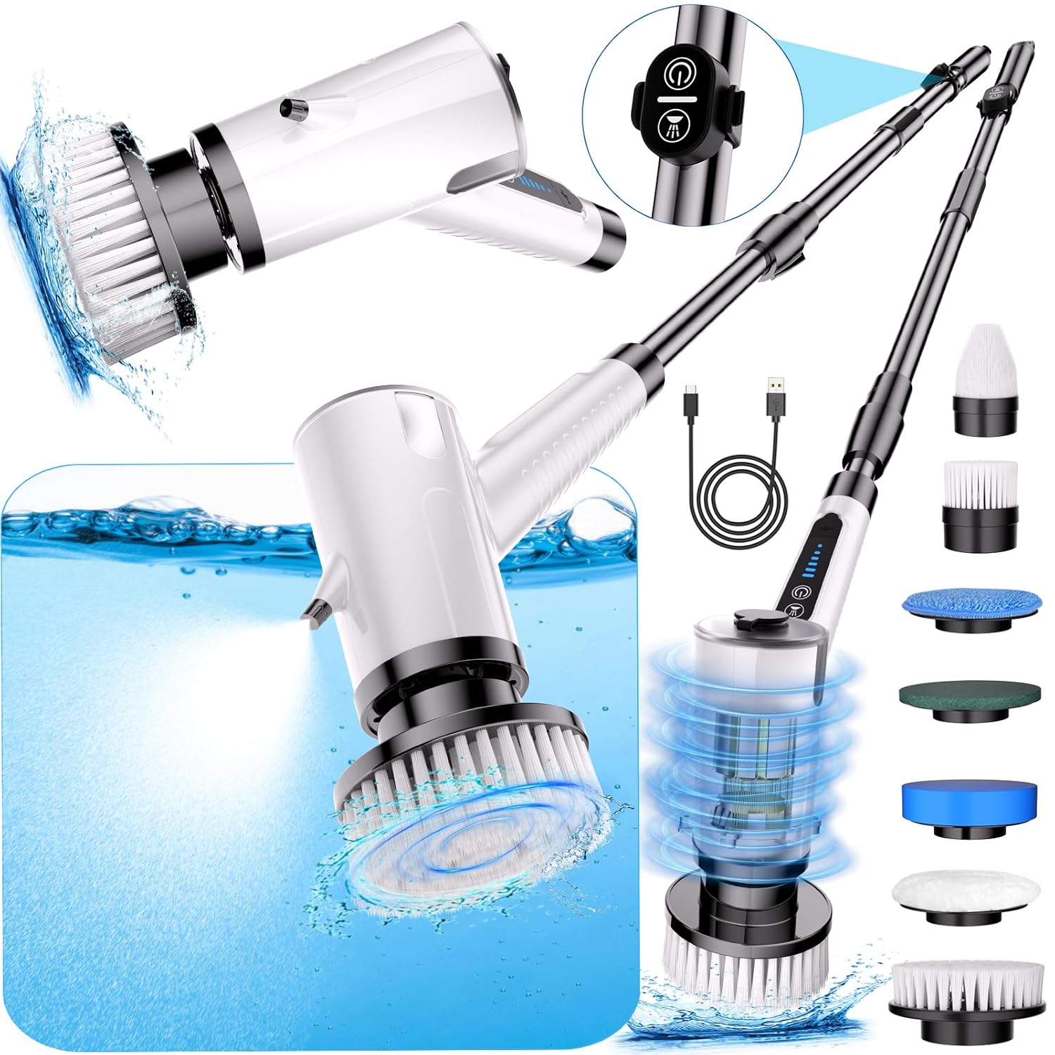 Water Spray Electric Spin Scrubber Upgrade Electric Spin Cordless Tub and Tile Scrubber with Remote Control IPX7 Waterproof
