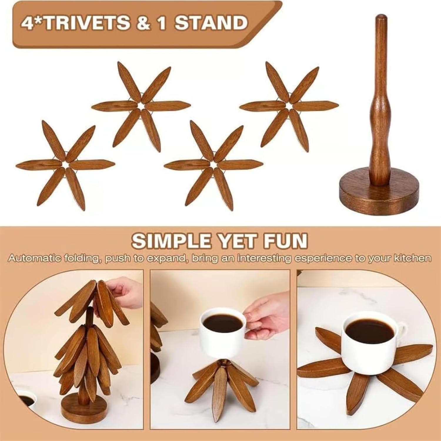 Wooden Trivets for Hot Dishes,Christmas Tree Trivet Set, 5 Walnut Wood + 1 Stand stored Like a Christmas Tree,Foldable Kitchen Wooden Trivet,for Hot Dishes、Pot、Bowl、Teapot、Hot Pot Holder(Walnut Wood)