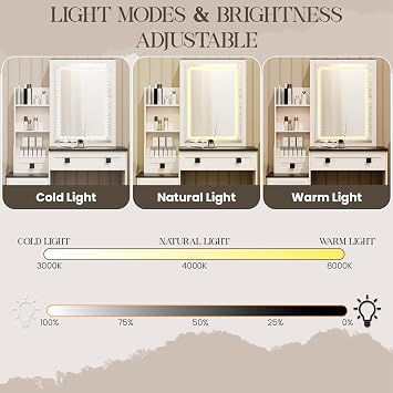 LED-Lighted Vanity Desk with Sliding Mirror with Stool 2 Drawers 1 Barn Door & Open Shelves Ideal Bedroom Dressing Table with Hidden Storage Black