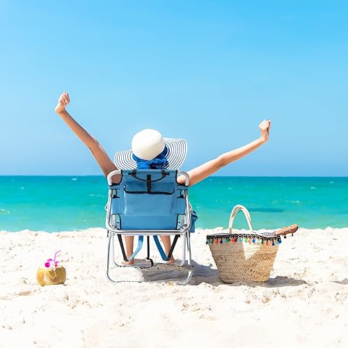 Miniatura 7 de Outvita Silla de playa tipo mochila, silla de playa de 5 niveles ajustables con bolsa de almacenamiento trasera, bolsa enfriadora y bolsas laterales