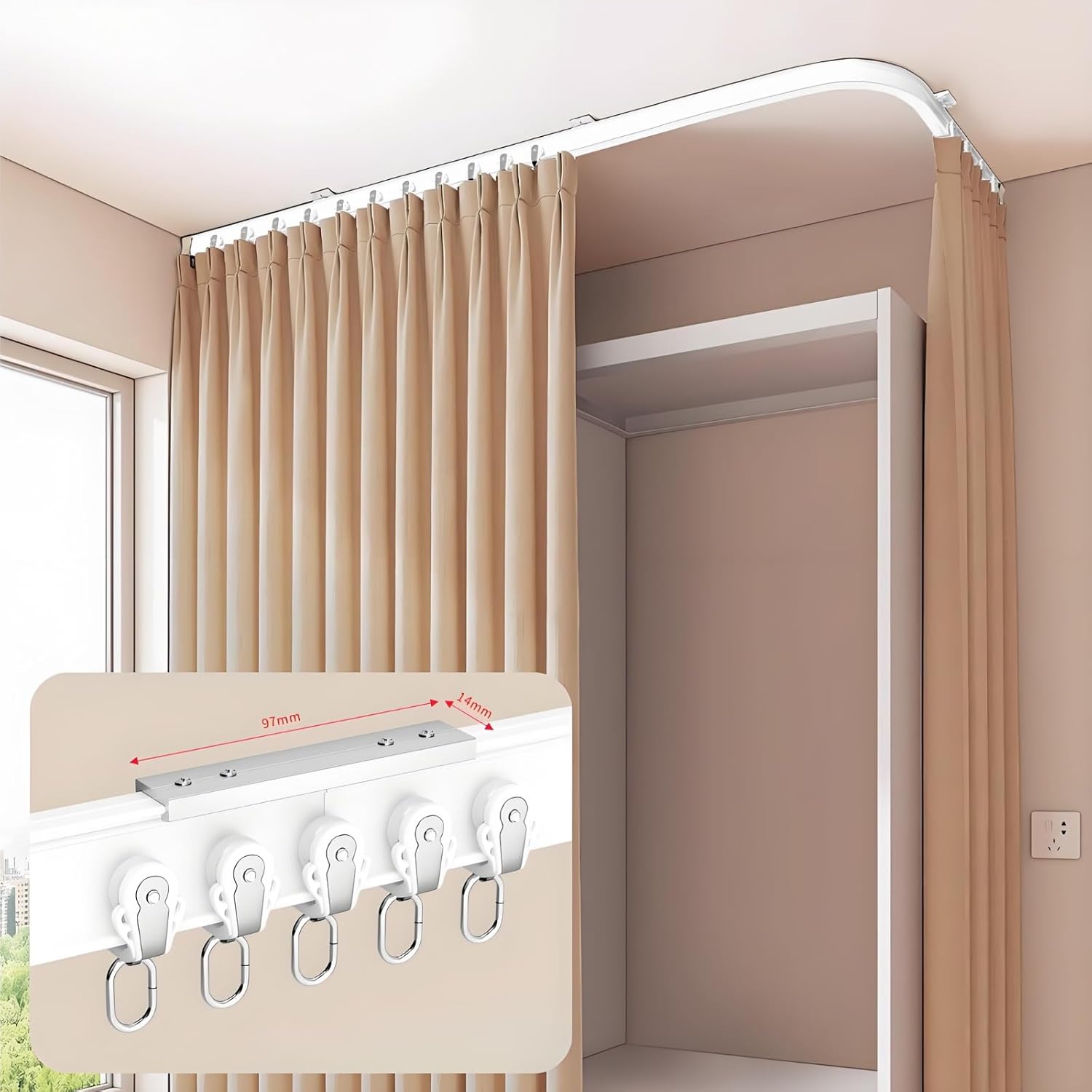 Adjustable 17.7ft Flexible Curved Curtain Track for Bunk Beds & Bay Windows – Easy Install Ceiling Rod with Bendable Holders, Ideal Room Dividers, White (Wei? 290cm/9.5ft)