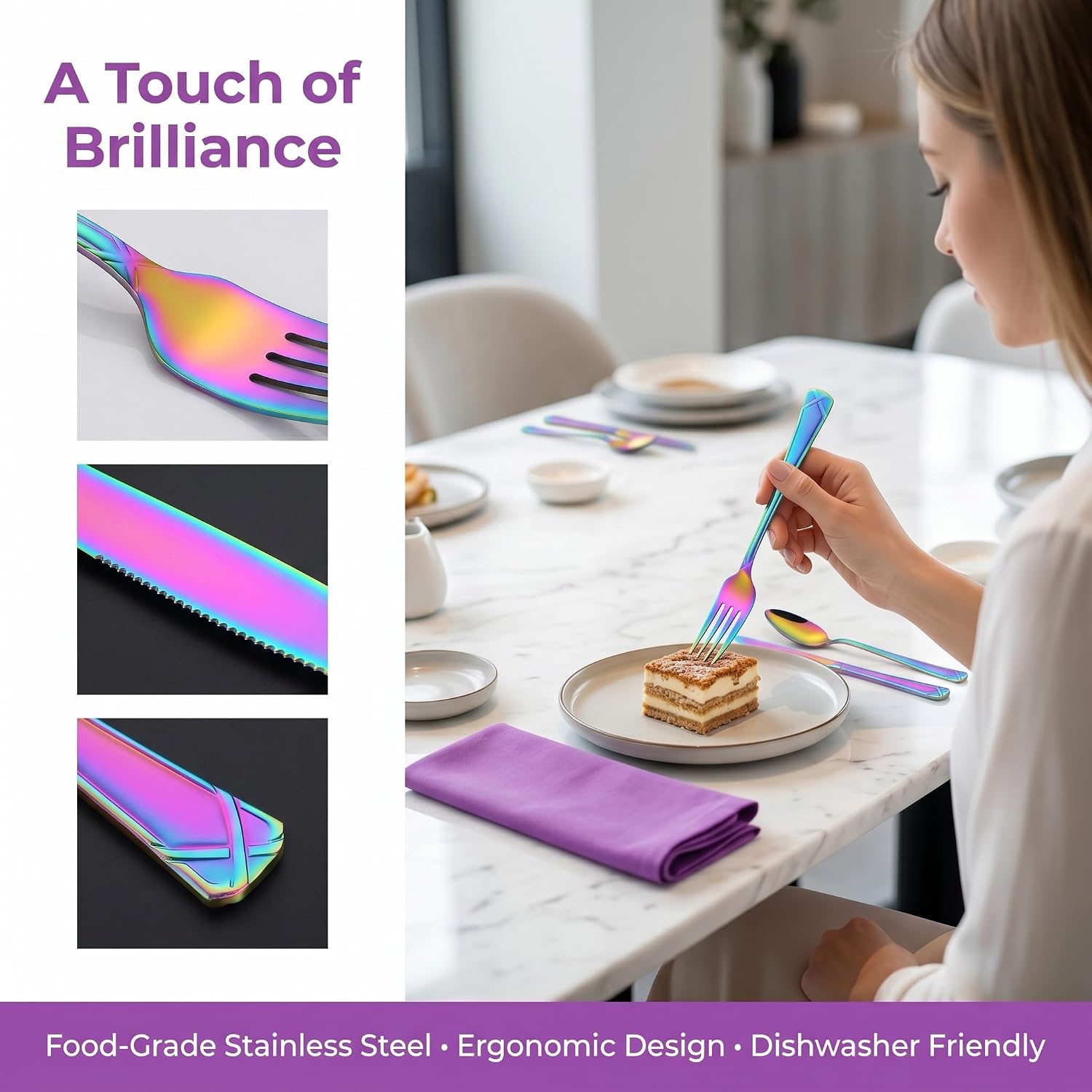 40-Piece Colorful Stainless Steel Flatware Set for 8, Rainbow Cutlery Set include Knives, Forks and Spoons, Vibrant Dishwasher Safe Silverware for Parties, Weddings & Family Dining