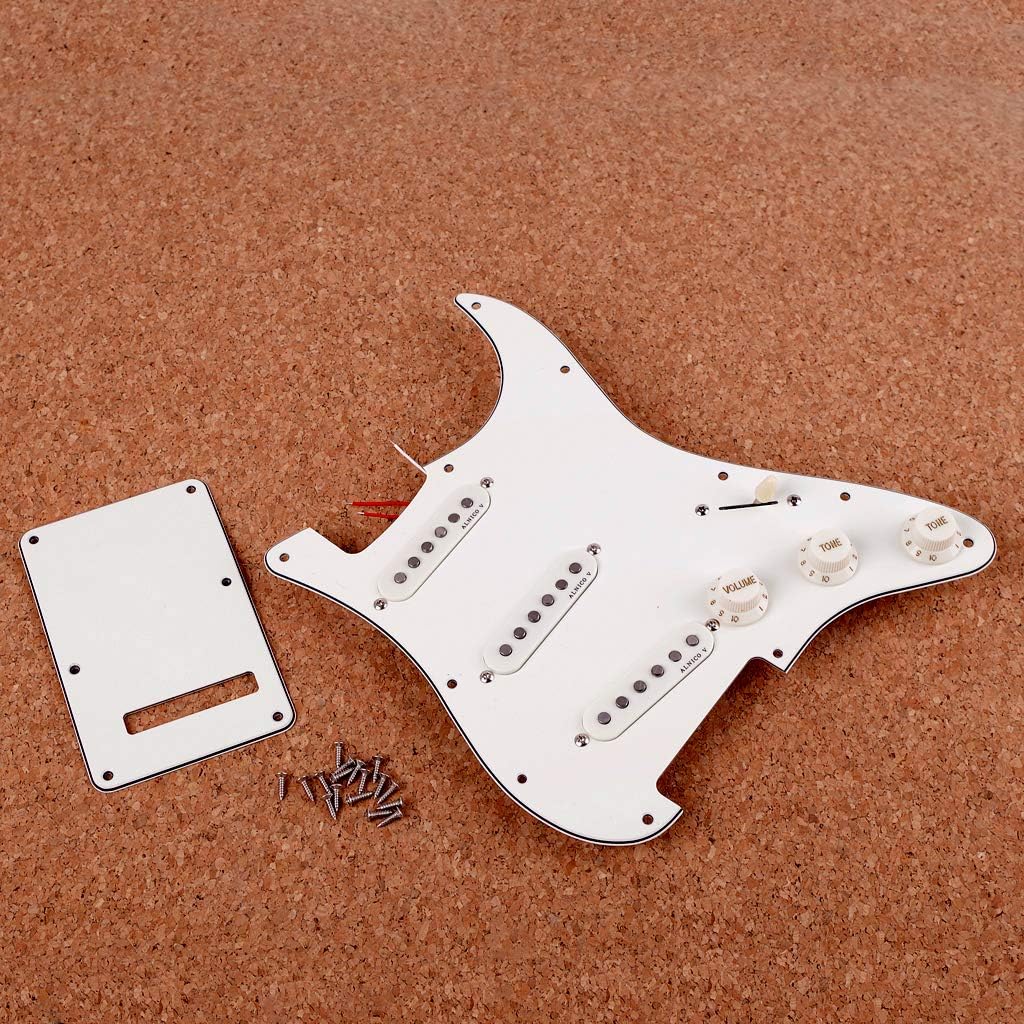 Alnicov Guitar Single Coil Pickups，Eletric Guitar Prewired-Loaded SSS Pickguard Scratch Plate Set ， 3Ply with Back Cover，for Strat Stratocaster Guitar Parts,White