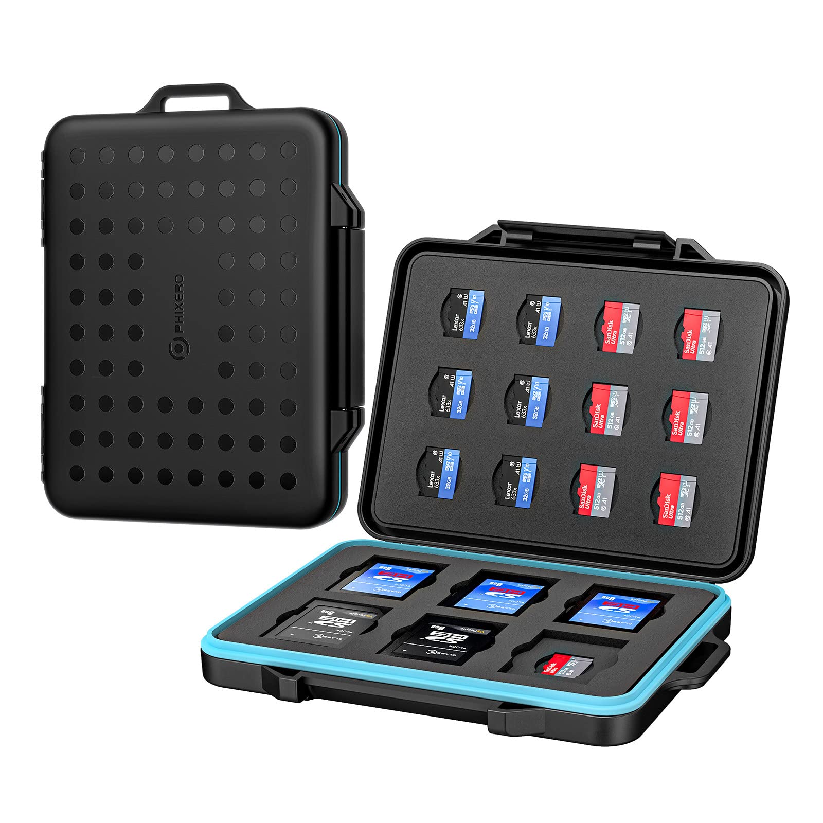PHIXERO24 Slots Portable SD Card Holder Case, Memory Card Case, Memory Card Holder Protector Case, SD Card Storage Box for 6 SD SDHC SDXC Cards & 18 TF Micro SD Cards, Water-Resistant Anti-Shock