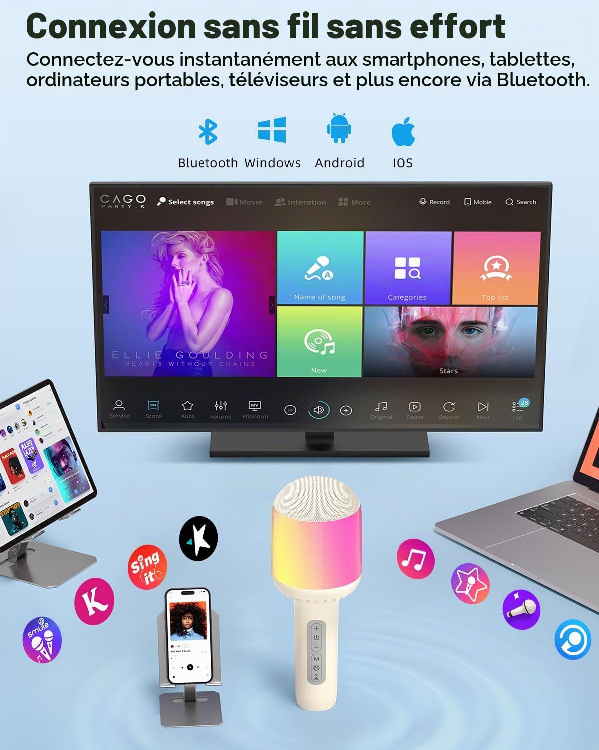 StageSound Micro Karaoké Bluetooth sans Fil, Microphone à Main avec Effets LED, 6 Modes Vocaux, Appairage Duo pour Chanter à Deux, pour Enfants et Adultes