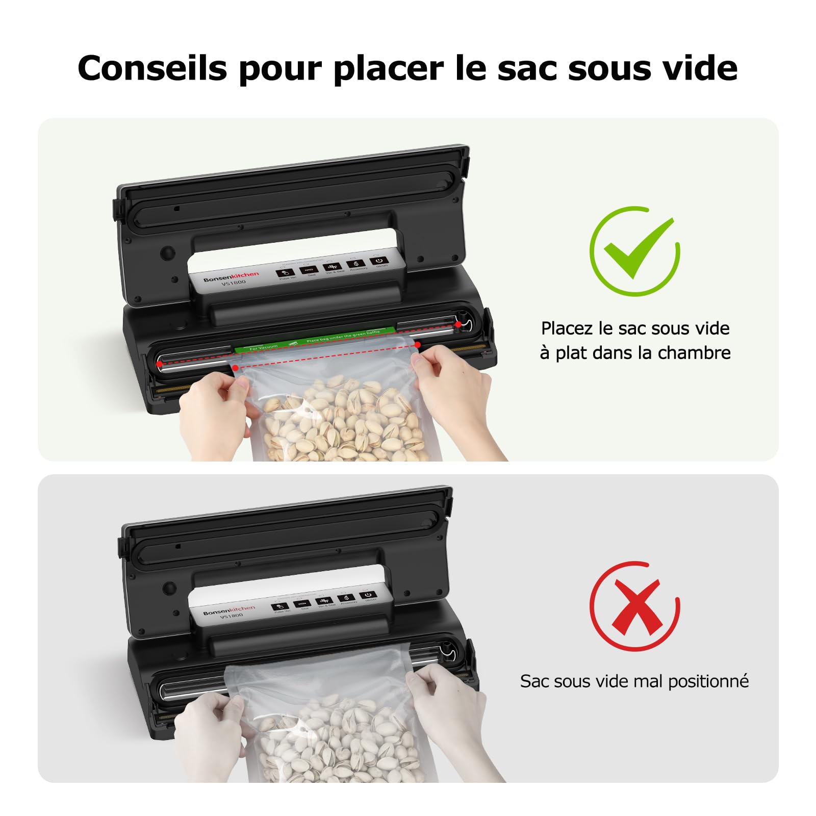 Bonsenkitchen Machine Sous Vide, Soudure Robuste 30 cm, Fonction Pulse pour Aliments Humides, Kit Aspiration Externe, Usage Continu avec Protection Surchauffe, avec 5 Sacs, VS1800