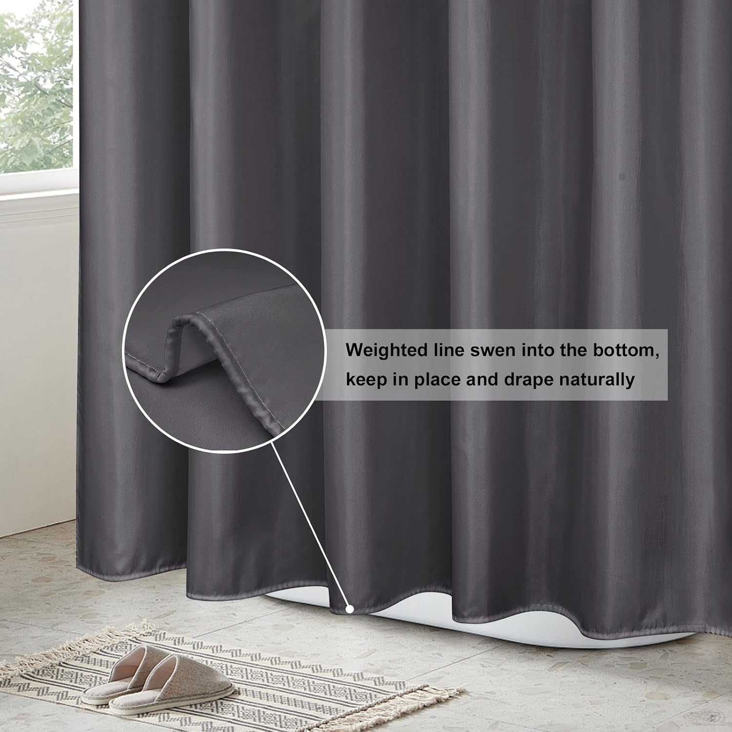 EurCross Dark Gray Fabric Longer Shower Curtain Liner 72 x 84 inch Length,Water Repellent Durable Solid Grey Extra Long Shower Curtains for Bathroom with Hooks image 5