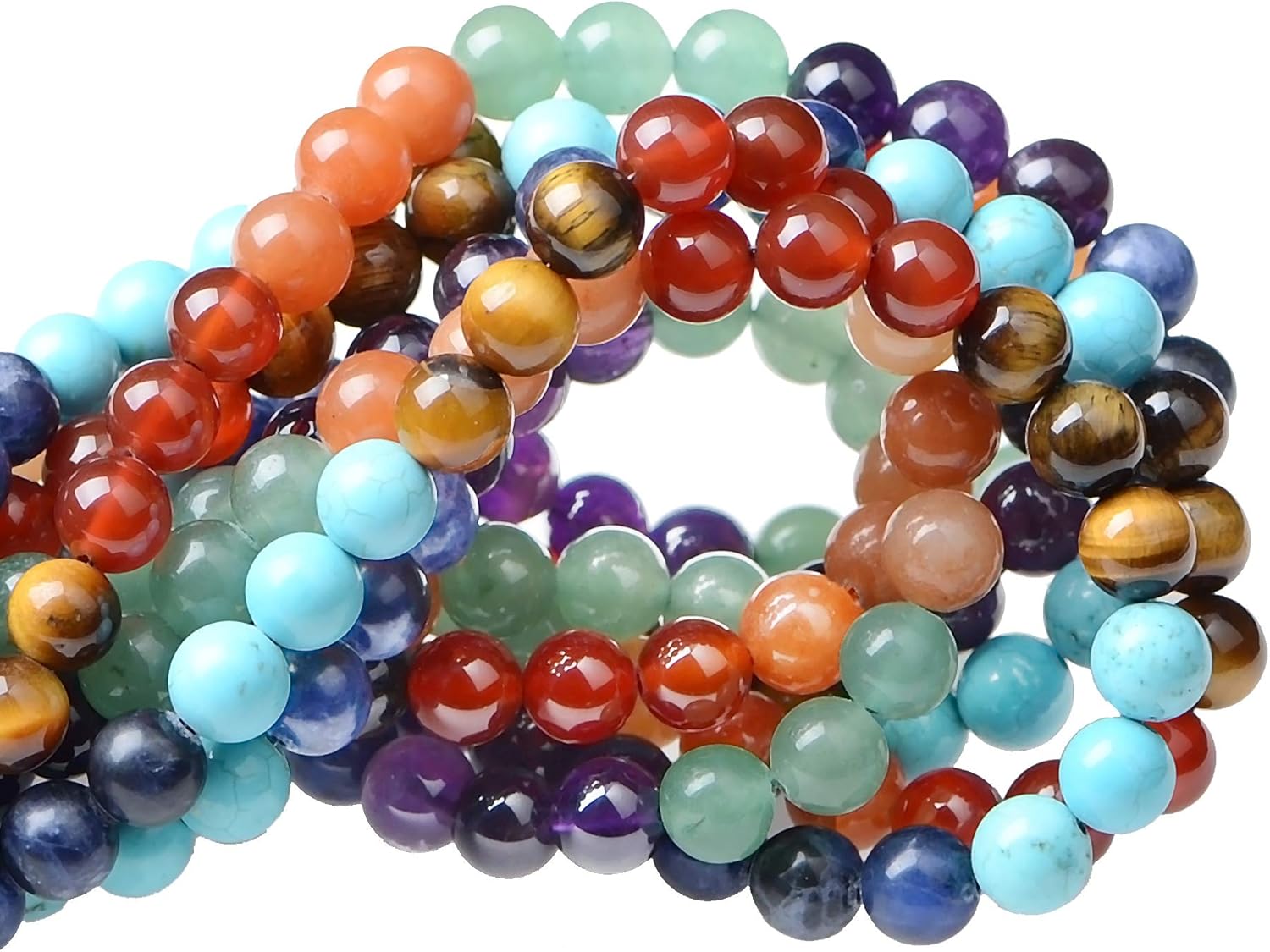 80Pcs Natural Crystal Beads Stone Gemstone Round Loose Energy Healing Beads with Free Crystal Stretch Cord for Jewelry Making (7-Chakra Beads, 10MM) Seven Chakra Beads 10MM